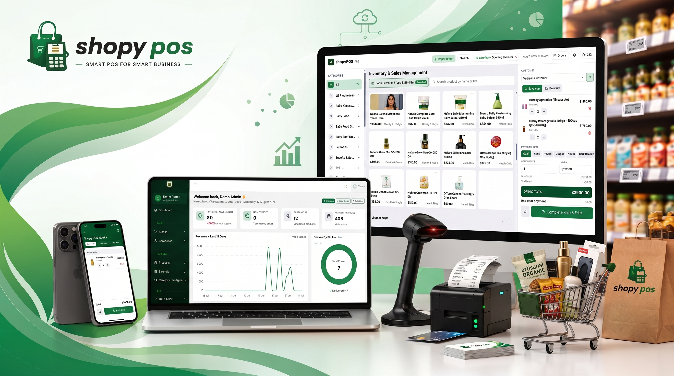 Shopy POS running on phone, laptop and counter monitor with barcode scanner, receipt printer and shop products