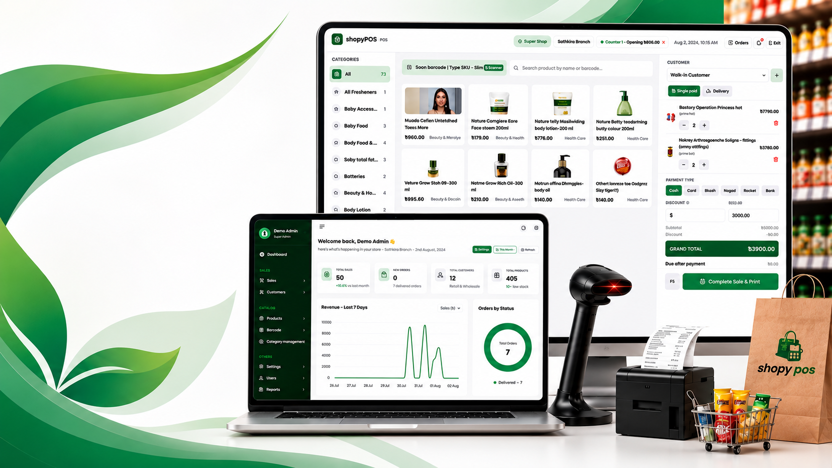 Shopy POS running on a laptop and tablet with barcode scanner, receipt printer and shop products